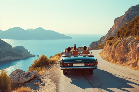 friends in convertible on a road trip in mountains and sea view on the sunset - Powered by Adobe