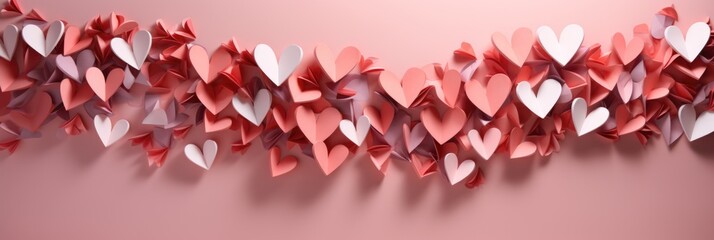Delicate Origami Heart Cascade: Red and Pink Paper Art on Soft Background - Valentine's Day Concept