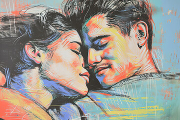 Portrait of a couple in love painted with pastel or paint. A guy and a girl hug. A neo-pop image