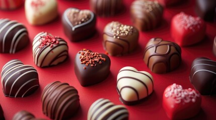 Delectable Assortment of Chocolate Hearts: Decorative Treats on Deep Red - Valentine's Day Concept
