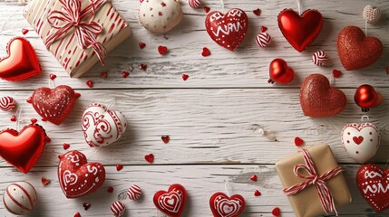 Bright and Cheerful Valentine's Decor: Festive Ornaments and Gift Box on White Wood - Valentine's Day Concept
