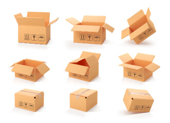 3D cardboard open and closed boxes isolated on white background. Delivery cargo box set. Cartoon style cardboard box or delivery package. Vector 3d realistic