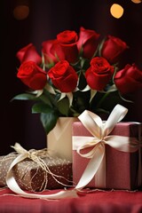 Festive Valentine's Day Composition: Kraft Paper Gift and Red Roses on Vibrant Red - Valentine's Day Concept