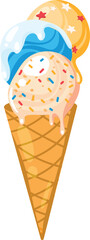 Cartoon ice cream cone with two scoops, blue and yellow, with sprinkles and stars. Delicious summer dessert, ice cream in a waffle cone vector illustration.