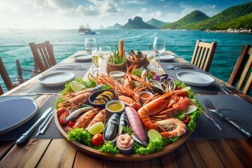 Seafood dishes on a wooden table with sea and mountain background - obrazy, fototapety, plakaty