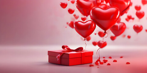 Valentine's day red color gift box with balloon heart background. Generative AI
