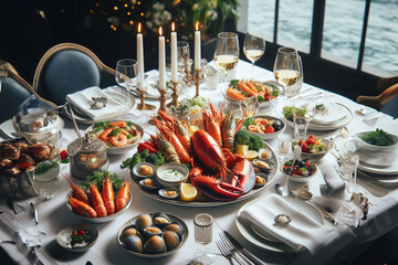 Lobster, shrimp, mussels, squid, shrimps served on a festive table