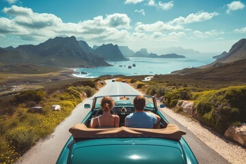 friends in convertible on a road trip in mountains and sea view on the sunset