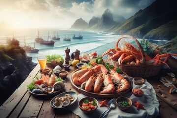 Seafood and seafood served on wooden table with sea view. - obrazy, fototapety, plakaty