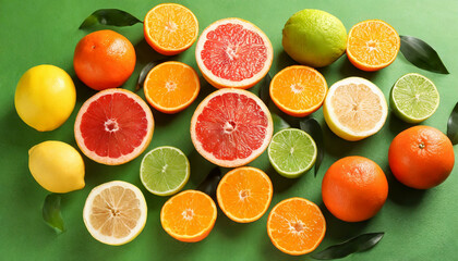 Top view cut citrus and leaves on green background. Delicious fruit, nature organic food.