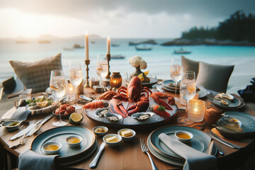 Lobster dinner on a tropical beach. Luxury dinner at sunset - obrazy, fototapety, plakaty