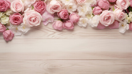 Romantic Background with Roses on Wooden Table