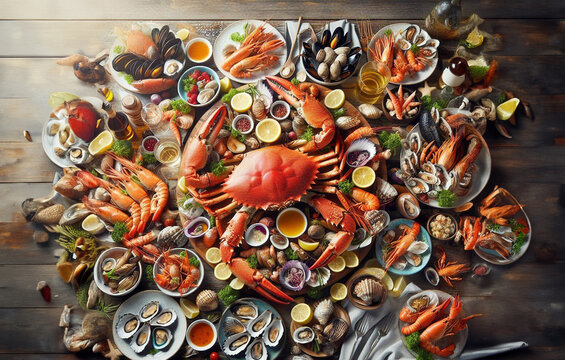 Seafood platter on wooden table. Top view with copy space