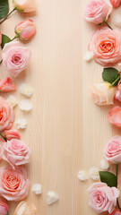 Romantic Background with Roses on Wooden Table