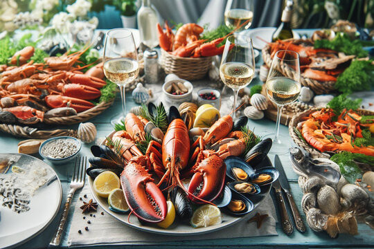 Lobster, mussels, crayfish and other seafood served with white wine