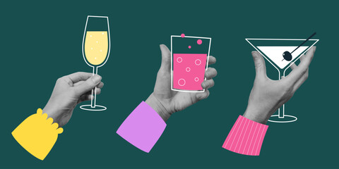 Set of cut out hands holding cocktail glasses. Template for birthday card, invitation, menu, social media, flyer, banner, poster