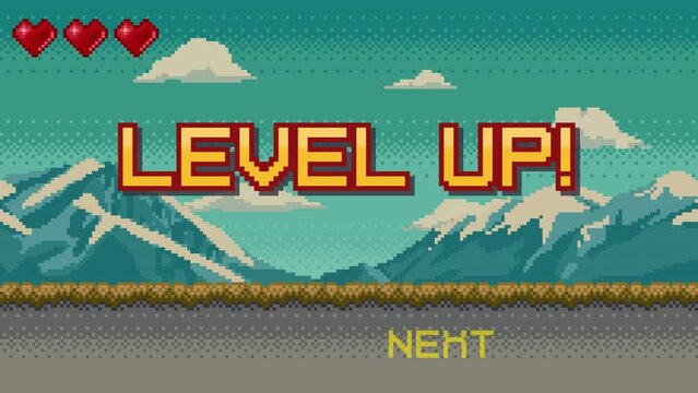 Animated pixel art banner with Level Up text and mountain landscape background. Colorful pixel arcade screen animation for game design.