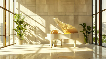 Classic grand piano in aesthetic minimalist style room interior full of light. Peach fizz colour...