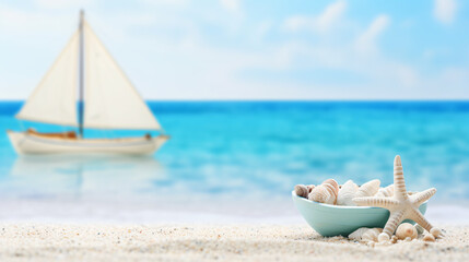 Toy boat and sea shells on white sea sand. Vacation