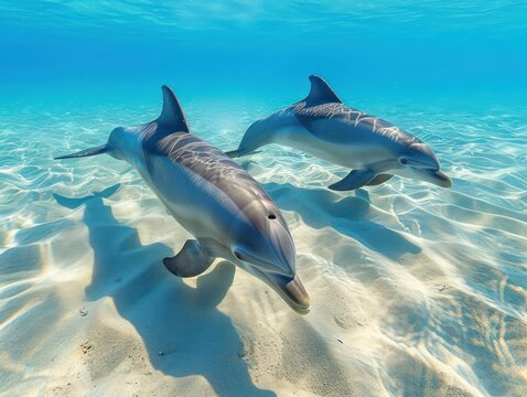 Underwater picture of 2 dolphins swimming over the white sandy surface - AI Generated Digital Art