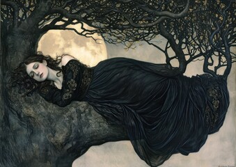 Lady in black resting in a tree - AI Generated Digital Art