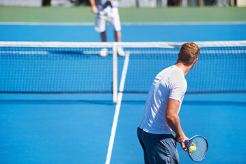 Tennis, game and men with fitness, challenge and competition with training and exercise. Players,...
