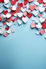 Playful Pastel Hearts on Blue: Vibrant Red Cutouts on Soft Background - Valentine's Day Concept