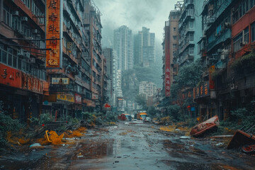 Cityscape in Ruins: A Post-Apocalyptic Tale - obrazy, fototapety, plakaty