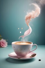 Magical cup of hot coffee, a cup of milk with coffee, magic style