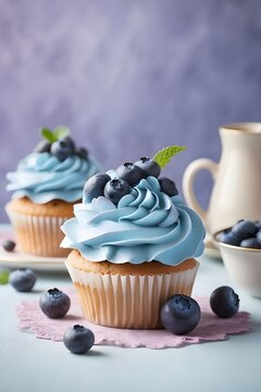 blueberry cupcakes with blueberries, blueberry muffins with blueberries pieces on top, product photography, blueberry cake, 