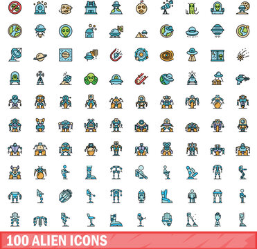 100 alien icons set. Color line set of alien vector icons thin line color flat on white