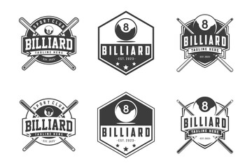 Billiard Design Logo Vector Set, Billiard Club Label Badge Sign Set Vector Concept, Monochrome logo set for billiard club - obrazy, fototapety, plakaty
