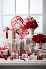 Festive Valentine's Craft: Handmade Hearts and Gifts on White Wood - Valentine's Day Concept