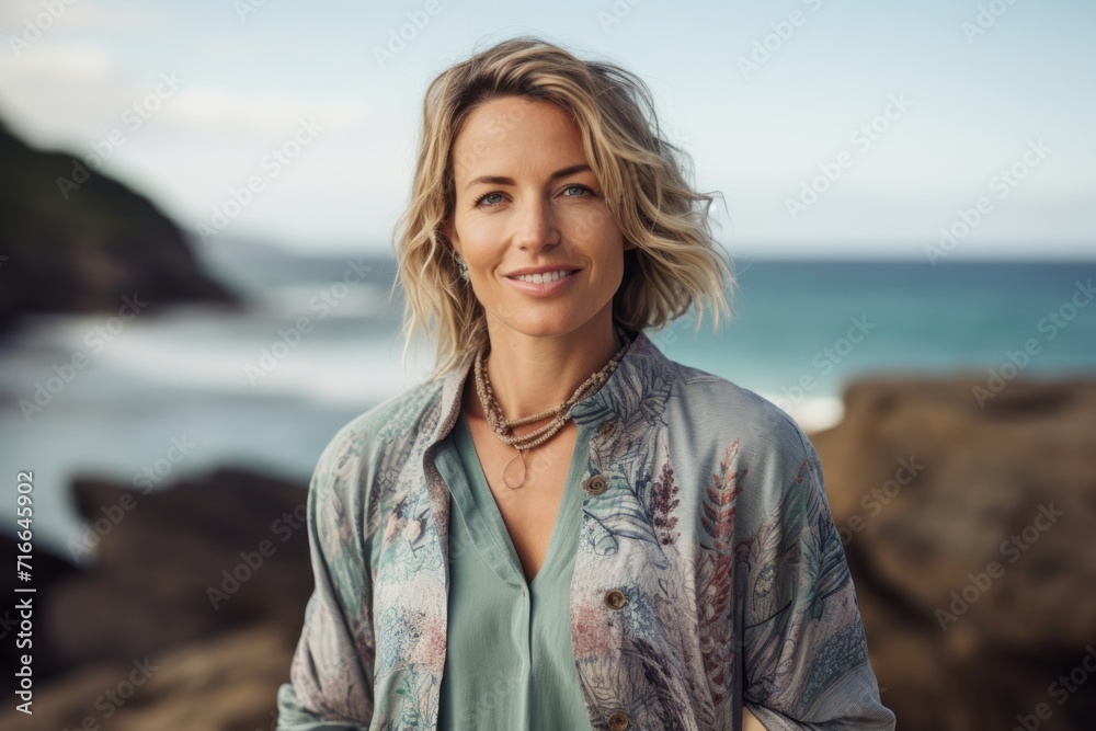 Wall mural Portrait of a content woman in her 40s wearing a chic cardigan against a stunning ocean reef. AI Generation - Wall murals