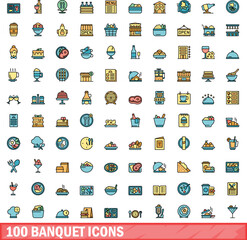 100 banquet icons set. Color line set of banquet vector icons thin line color flat on white