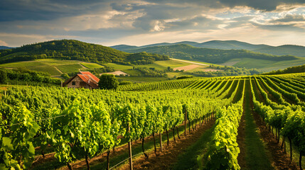 Fototapeta na wymiar An Eastern European vineyard in summer with rows of lush vines a quaint farmhouse and rolling hills in the background.