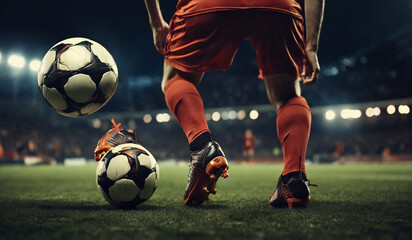 Close up of a soccer striker ready to kicks the ball in the football goal. Soccer scene at night match with player kicking the ball with power - obrazy, fototapety, plakaty