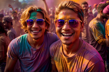 Two boys at a holi festival in india, covered in colorful powder, happy, enjoying the moment in the party