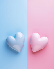 Two hearts in pastel blue and pink on a dual-tone background.