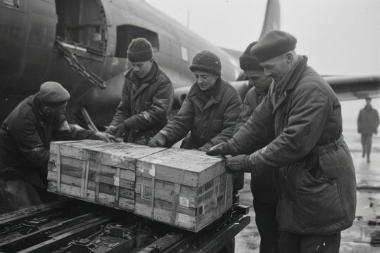 Soldiers loading small wooden boxes into a B-29 aircraft in 1947 - AI Generated Digital Art