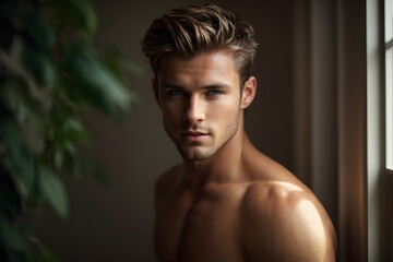 Shirtless Man Looking Out of Window in Urban Setting With Buildings and Skyline. Generative AI.