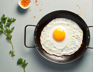 This is an illustration depicting the daily life of a fried egg stuck to a frying pan. Generative AI,