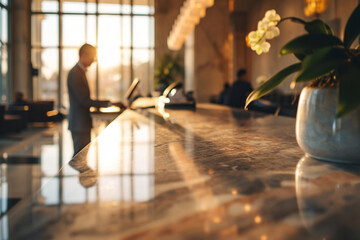close-up of a guest checking in at a hotel reception, emphasizing efficiency and personalized service in a minimalistic photo - obrazy, fototapety, plakaty