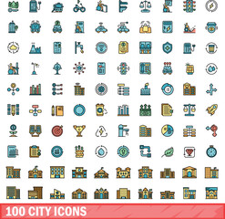 100 city icons set. Color line set of city vector icons thin line color flat on white