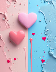Pastel hearts on a rough wallpaper with smeared paint.
