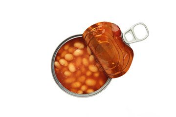 Canned baked beans in tomato sauce isolated on white background