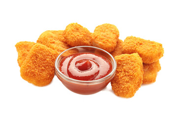Tasty chicken nuggets with ketchup isolated on white
