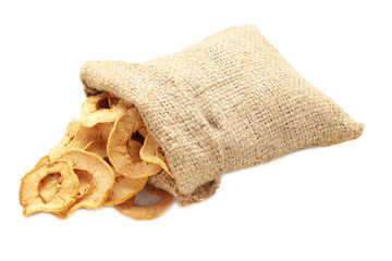 Dried apples in sock isolated on white background.