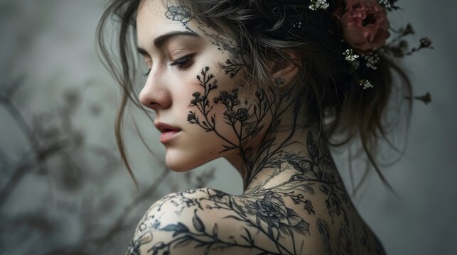 Close-up portrait of a beautiful young girl with tattoos on her shoulders and fresh flowers.