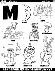 Obraz premium Letter M set with cartoon objects and characters coloring page